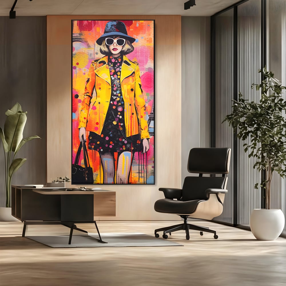 Tablou canvas cu tablou canvas cu ilustratie fashionista, in rama de aluminiu negru, pe perete intr-un birou